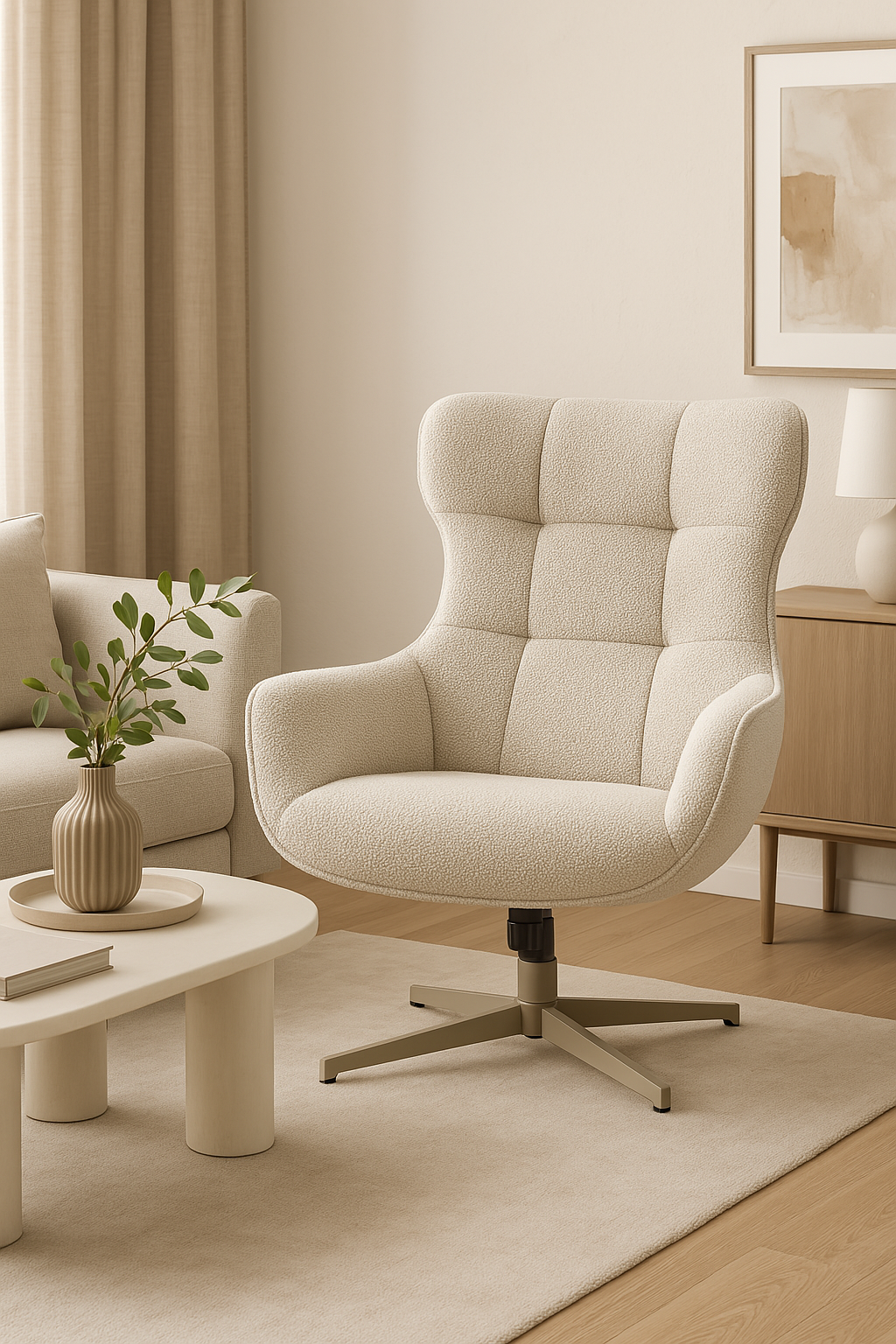 House Nordic - Turin Fauteuil – Bouclé Bekleding & Draaibare Poot – Naturel – Hoogte 100 cm